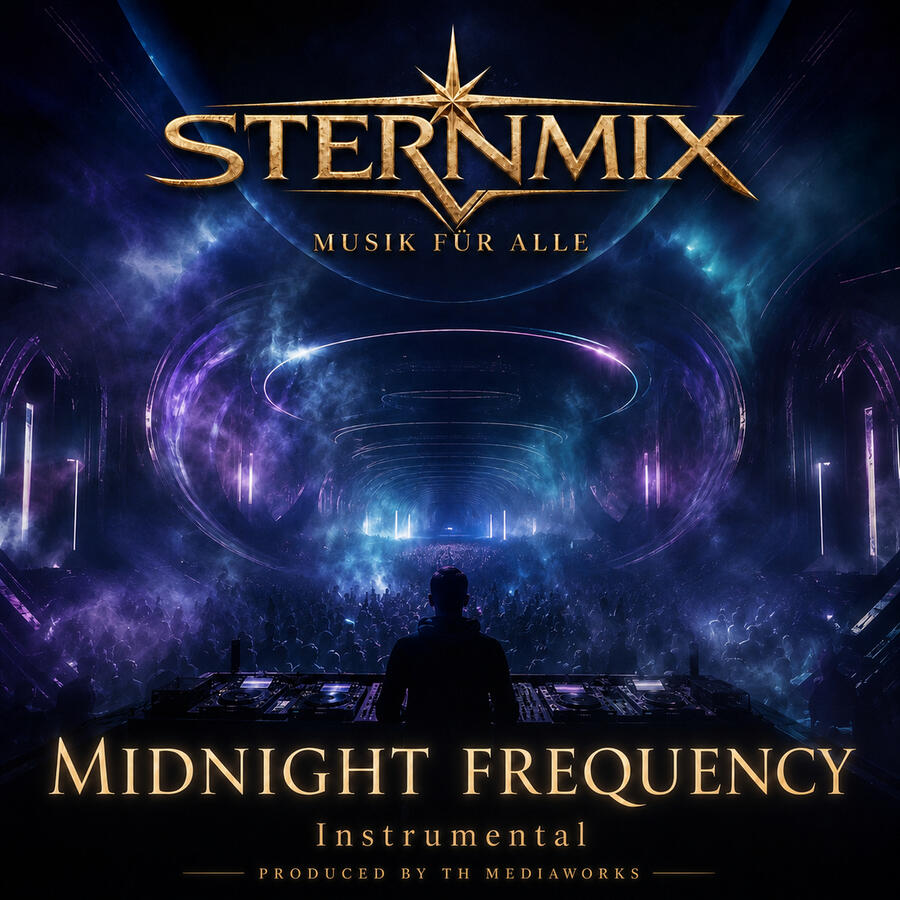Midnight Frequency STERNMIX – Midnight Frequency. DJ vor einer kosmisch beleuchteten Konzertbühne.