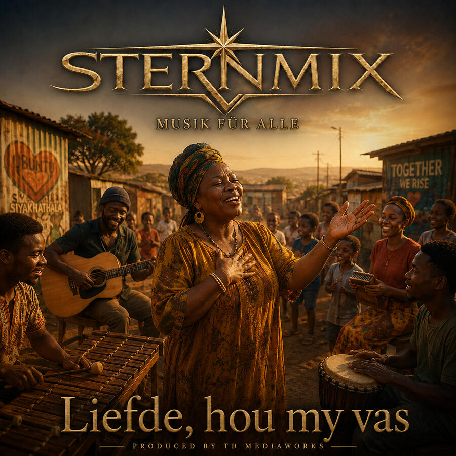 Liefde, hou my vas STERNMIX – Liefde, hou my vas. Singende Frau mit musizierender Gemeinschaft im warmen Abendlicht.