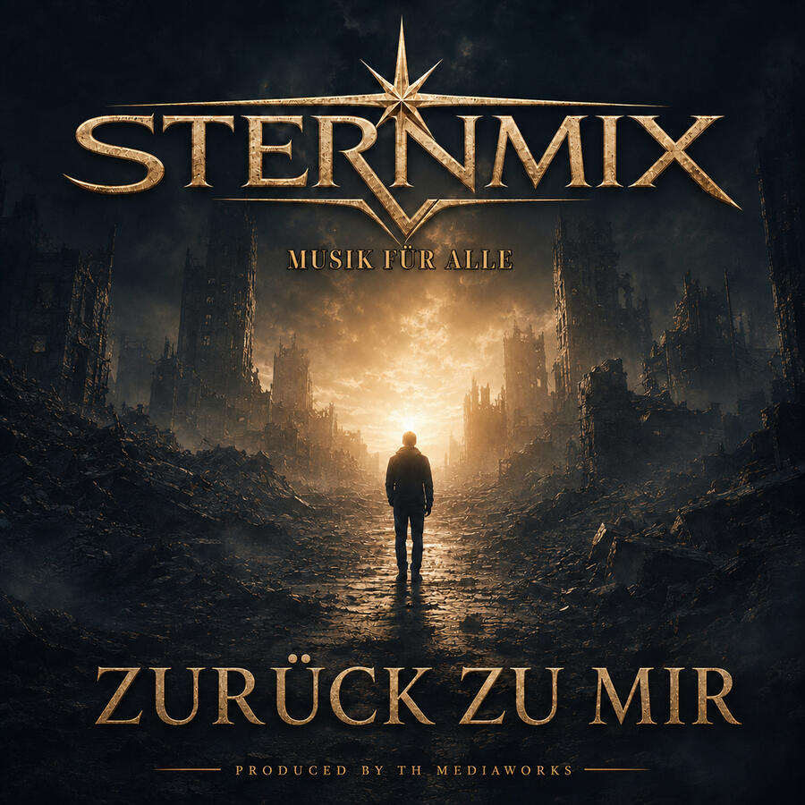 Zurück zu mir STERNMIX – Zurück zu mir. Eine Person auf einer Straße zwischen Ruinen im goldenen Licht.